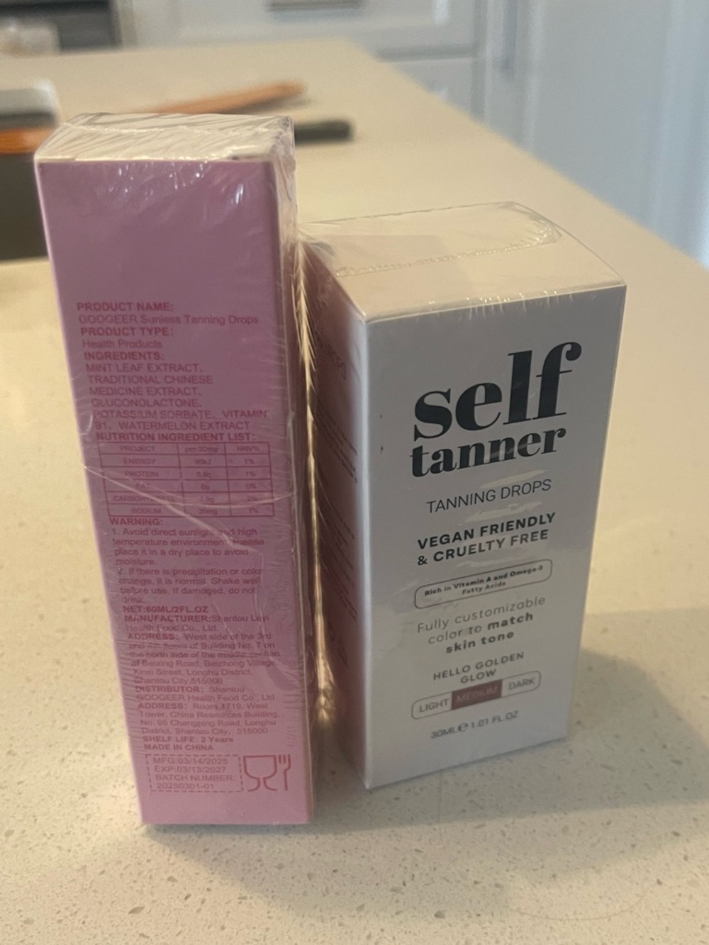 Self Tanner Tanning Drops - White & Pink Packaging
